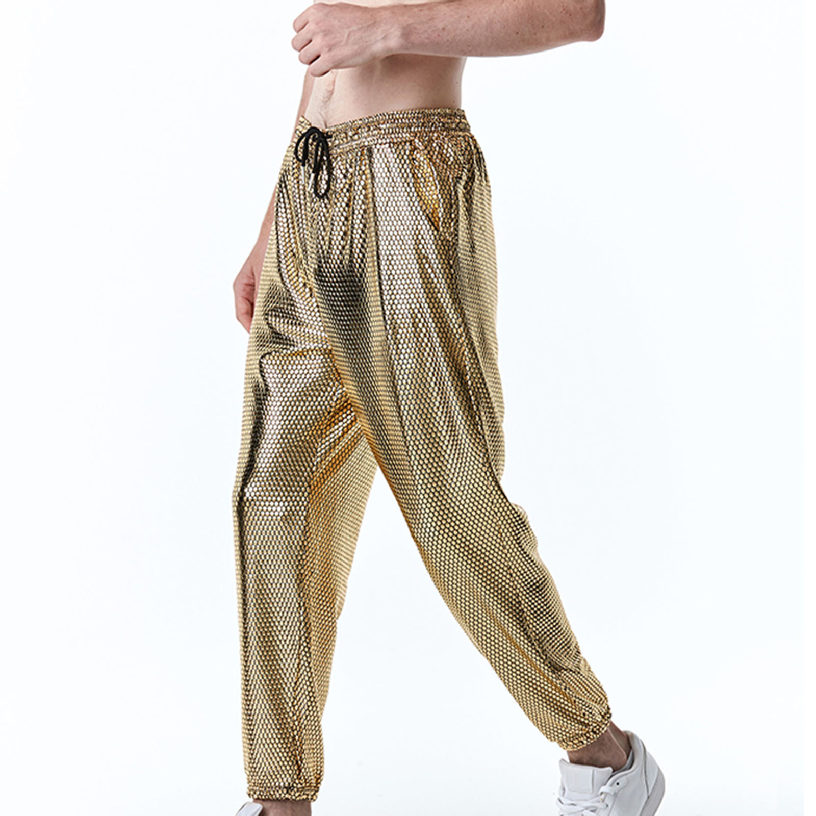 Jsaierl Reflective Pants Men Hip Hop Trousers Casual Gold Print Jogger Sweatpants Drawstring Sequin Shiny Trousers, Men's, Size: Small